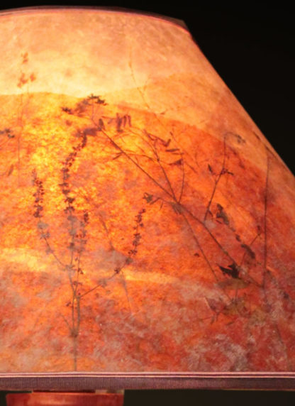 T363 Hand-turned Redwood Burl Lamp by Bill Jabas, Round Mica Lampshade with Red Grass and Anise - shade detail