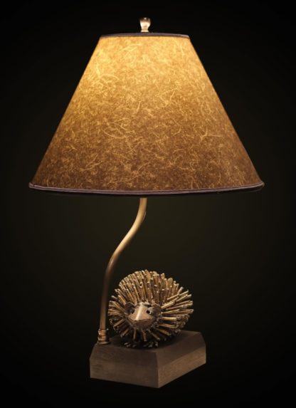 T369 Recycled Metal Hedgehog Table Lamp with Round, Gray “string paper” Lampshade