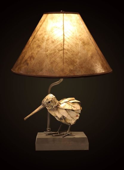 T371 Artfully Recycled Metal Kiwi table lamp, Light Mica Shade with Skeleton Leaves