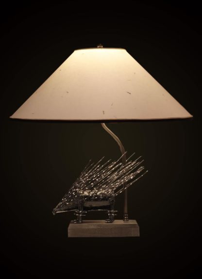 T372 Artfully Recycled Metal Porcupine, Round Petal Paper Lampshade
