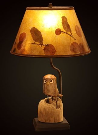 T376 Rustic Carved Owl Lamp, Mica Shade with Owls and Eucalyptus Leaves