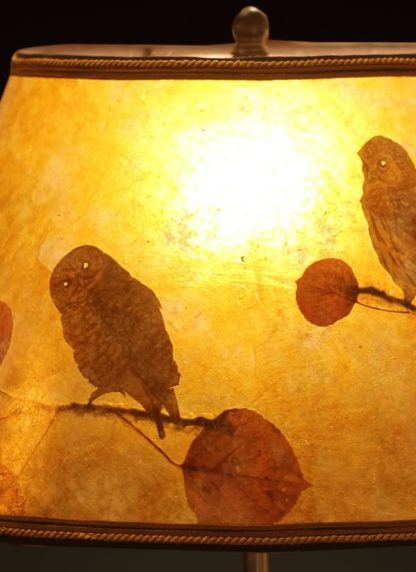 T376 Rustic Carved Owl Lamp - Mica Shade with Owls and Eucalyptus Leaves, detail