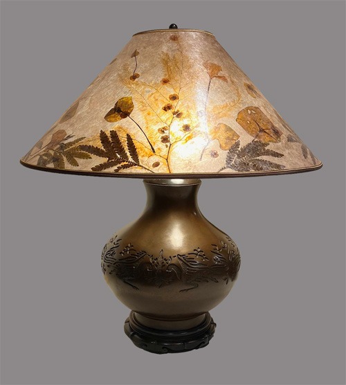 Sue Johnson SALE Lamp 29 A - oxidized brass lamp with incised bird design